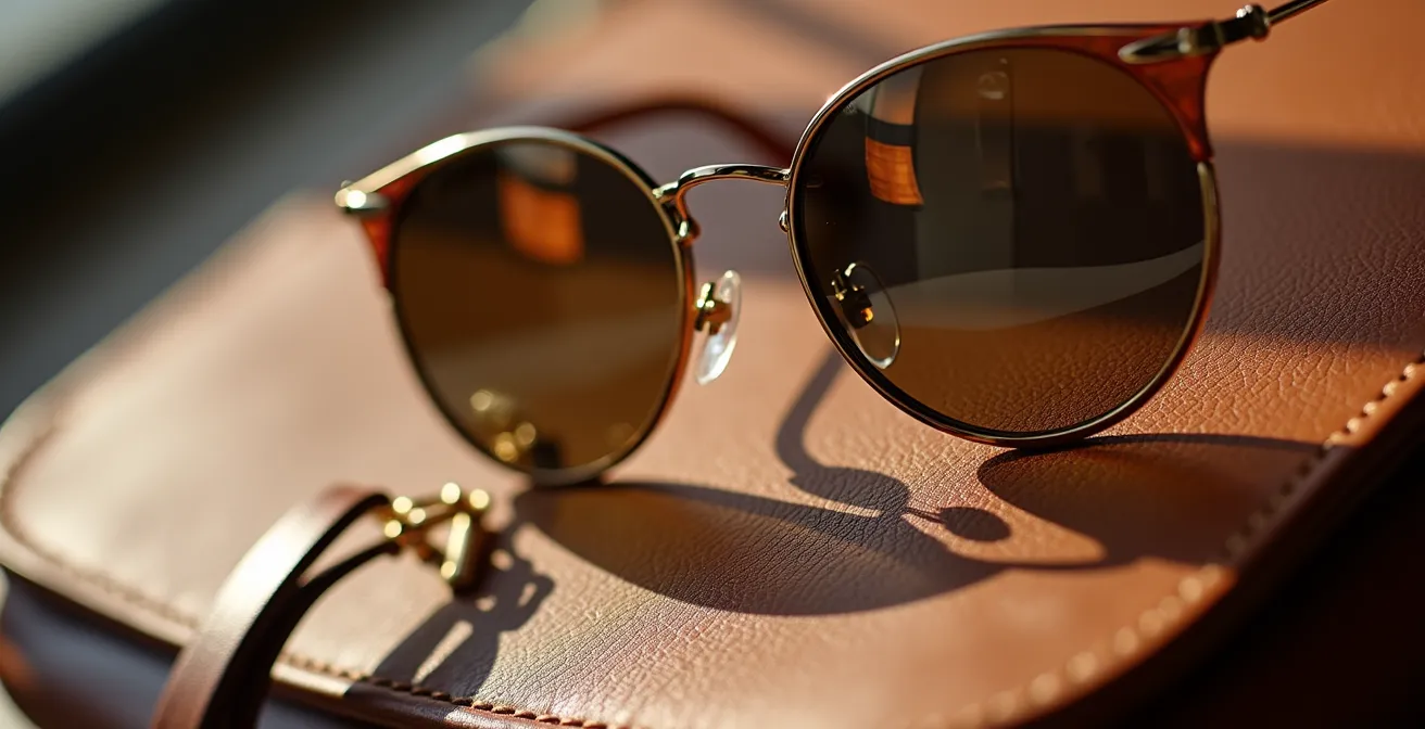 Detalle macro de gafas de sol de diseño con reflejos metálicos