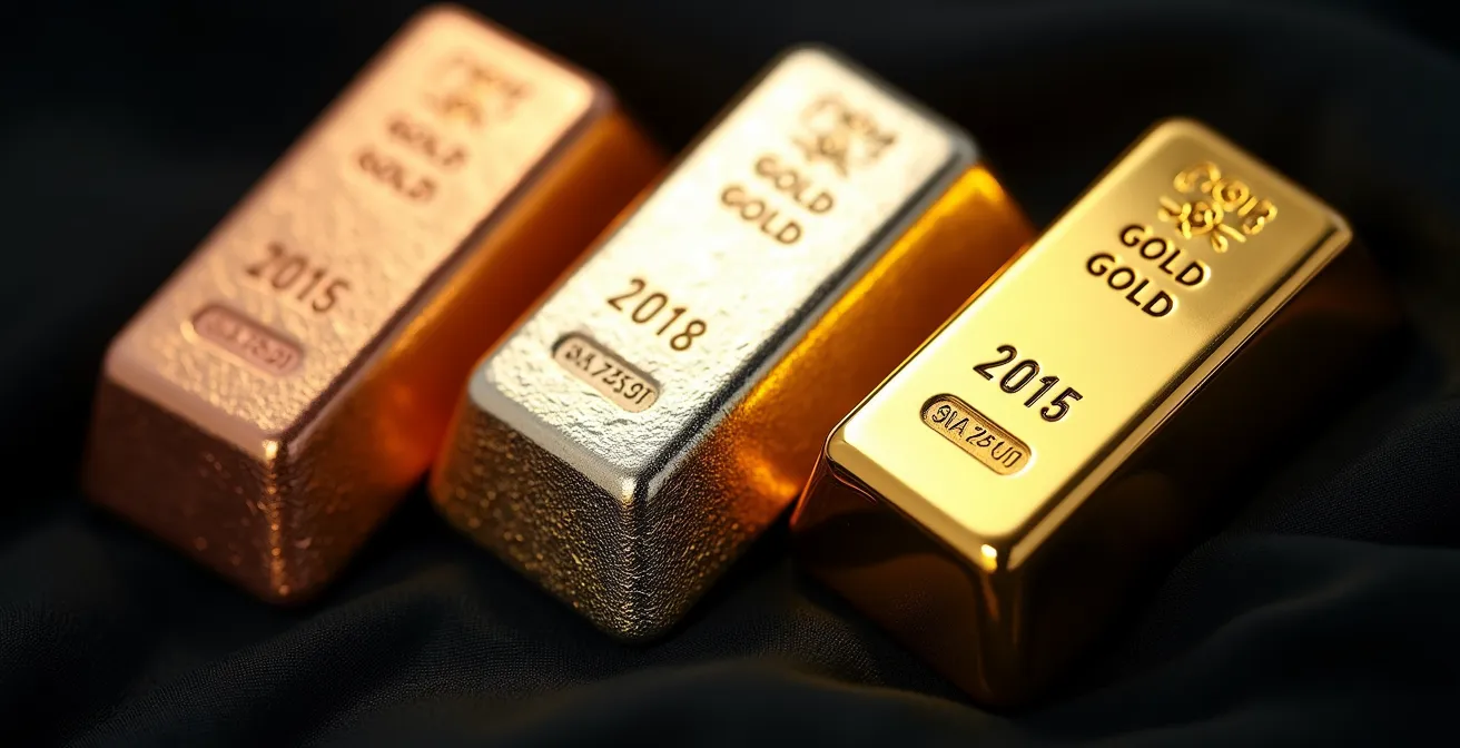 Tres lingotes de oro en diferentes tonalidades mostrando las aleaciones de oro rosa, blanco y amarillo