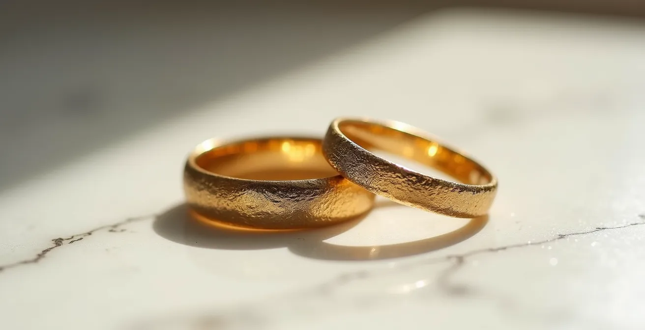 Detalle macro de alianzas de boda artesanales con texturas únicas