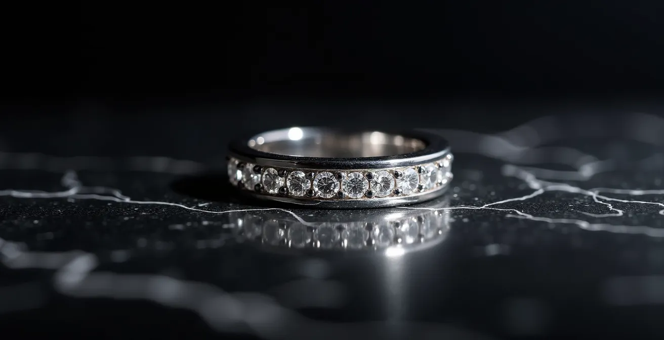 Detalle de anillo con código Morse formado por diamantes y texturas metálicas