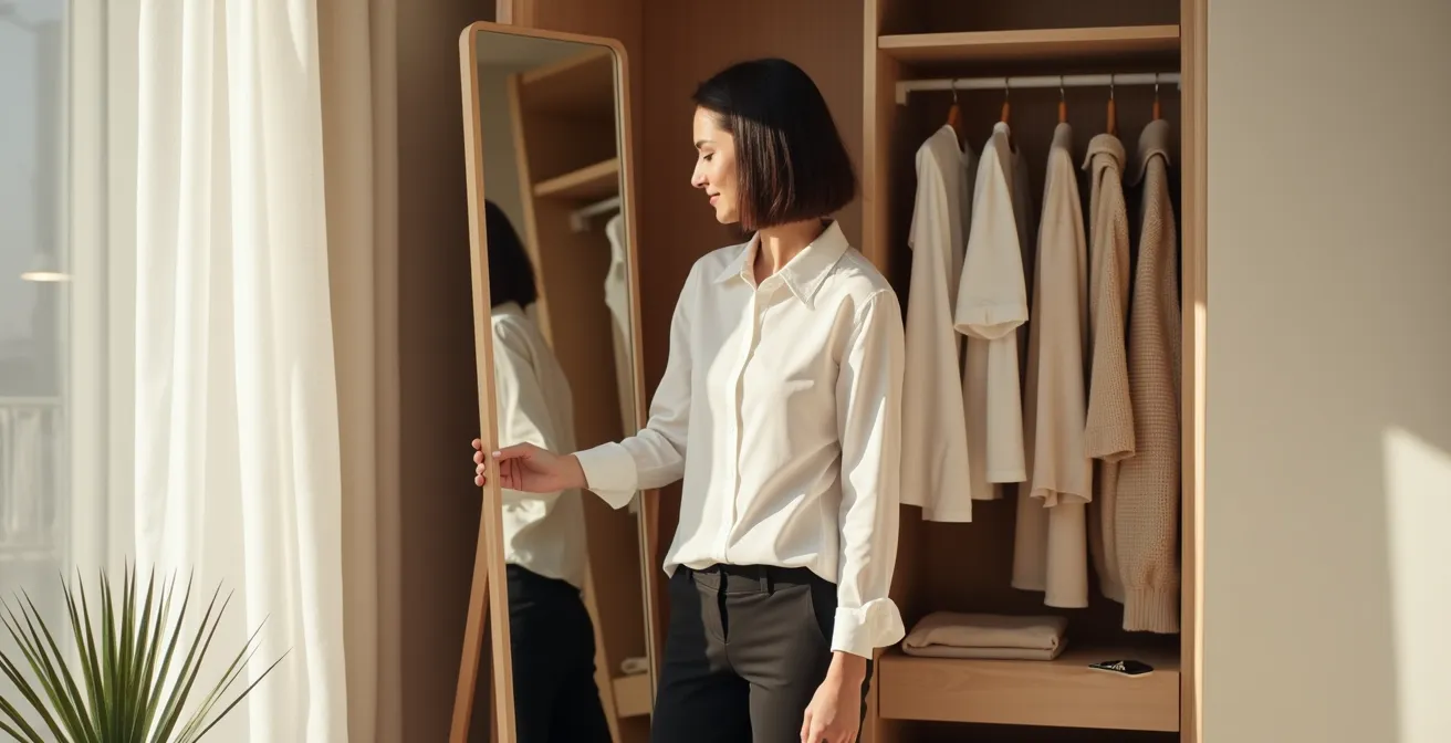 Armario abierto con ropa básica organizada y espejo reflejando mujer con bob