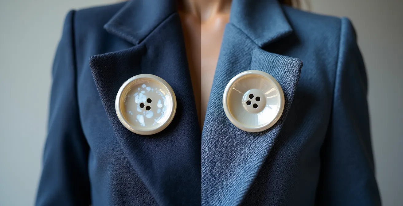 Comparación visual de botones de plástico versus nácar en chaqueta