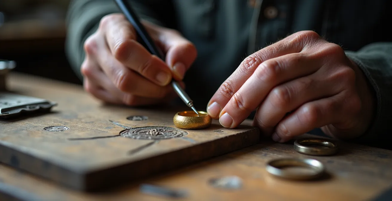 Mesa de trabajo de un joyero artesano con un calendario marcando fechas clave y herramientas de grabado tradicionales a su lado.