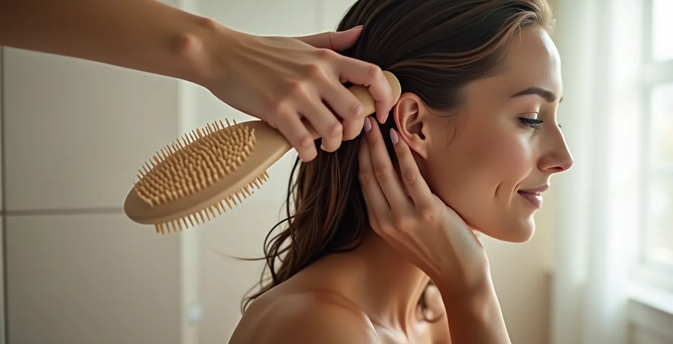 Mano usando cepillo de silicona en movimientos circulares sobre cuero cabelludo mojado