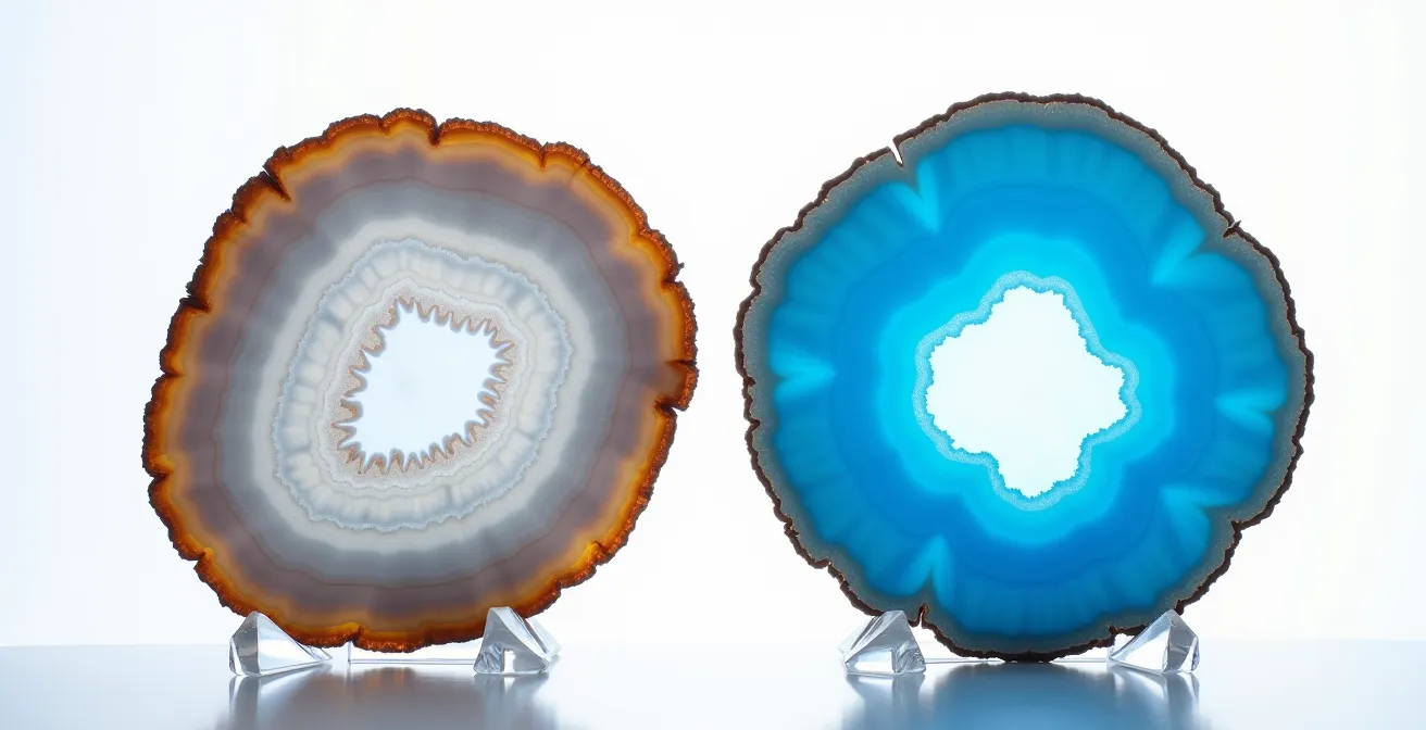Comparación visual entre ágata natural y teñida mostrando diferencias de color