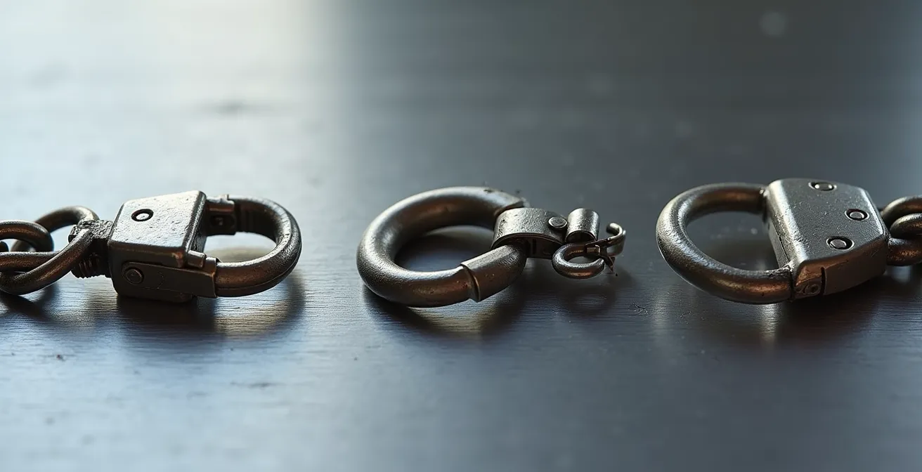 Fotografía macro de tres tipos de cierres metálicos mostrando sus mecanismos internos