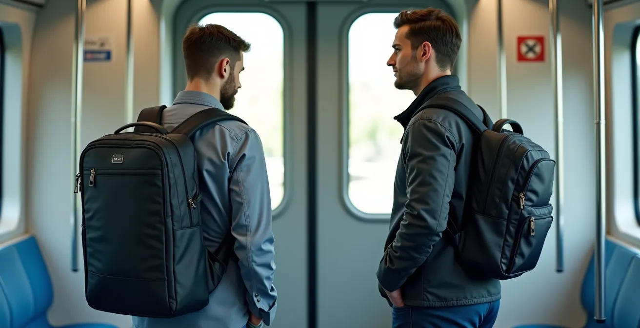 Comparación visual de postura con mochila versus bolso cruzado en el transporte público