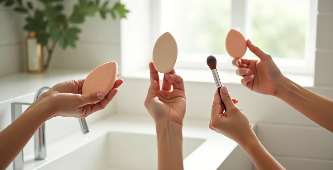 Demostración de técnicas de aplicación con brocha, esponja y dedos para acabado natural