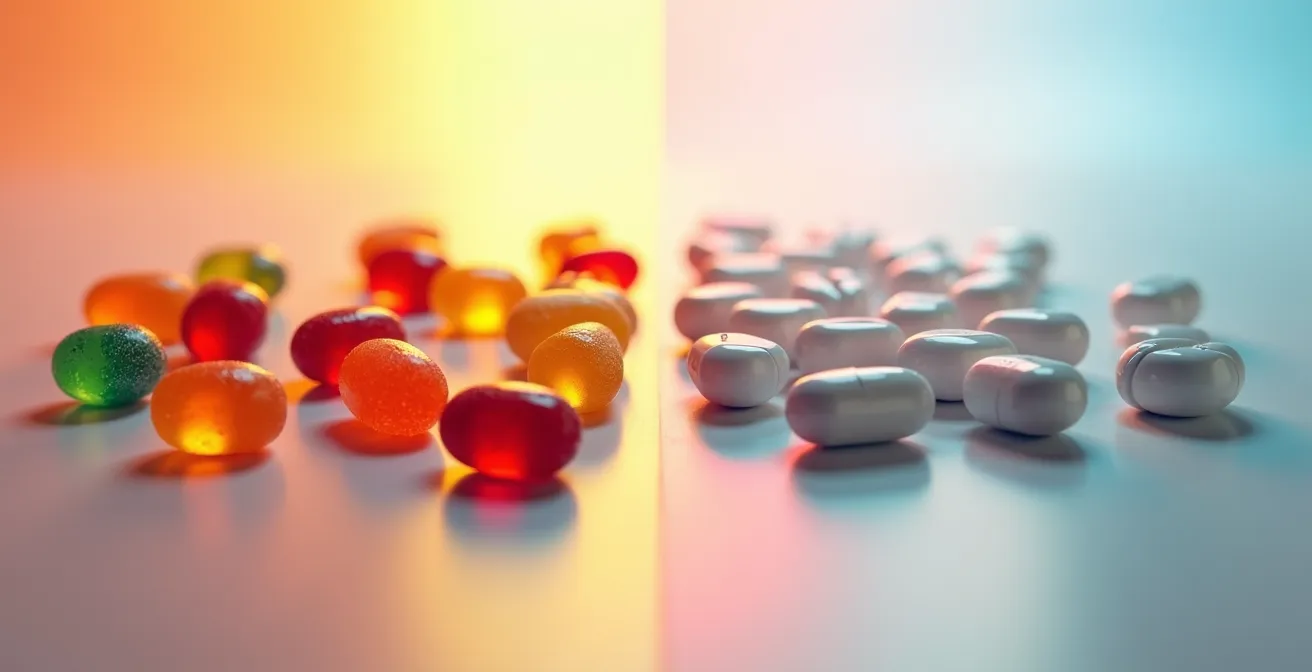 Disposición comparativa de gomitas coloridas junto a cápsulas farmacéuticas profesionales