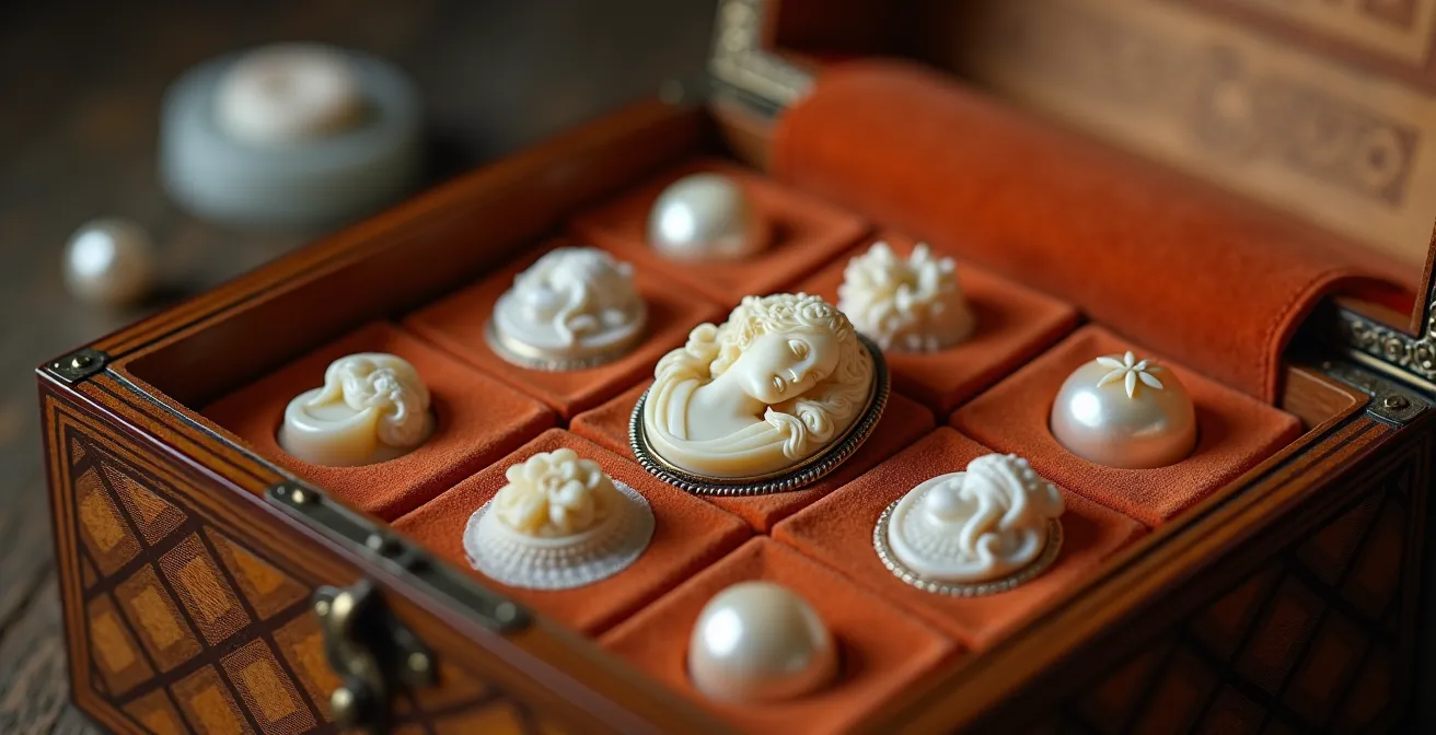 Joyero de taracea granadina abierto mostrando compartimentos con perlas y camafeos antiguos