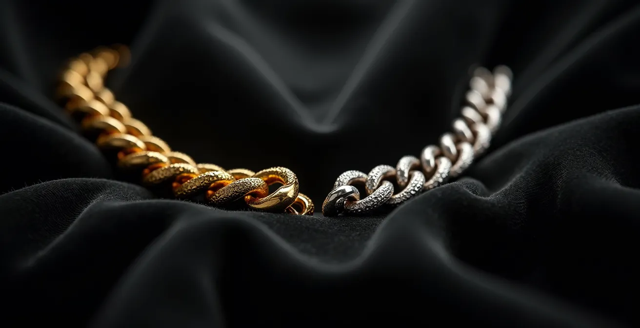 Comparación visual de cadenas de oro amarillo y blanco sobre tejido negro
