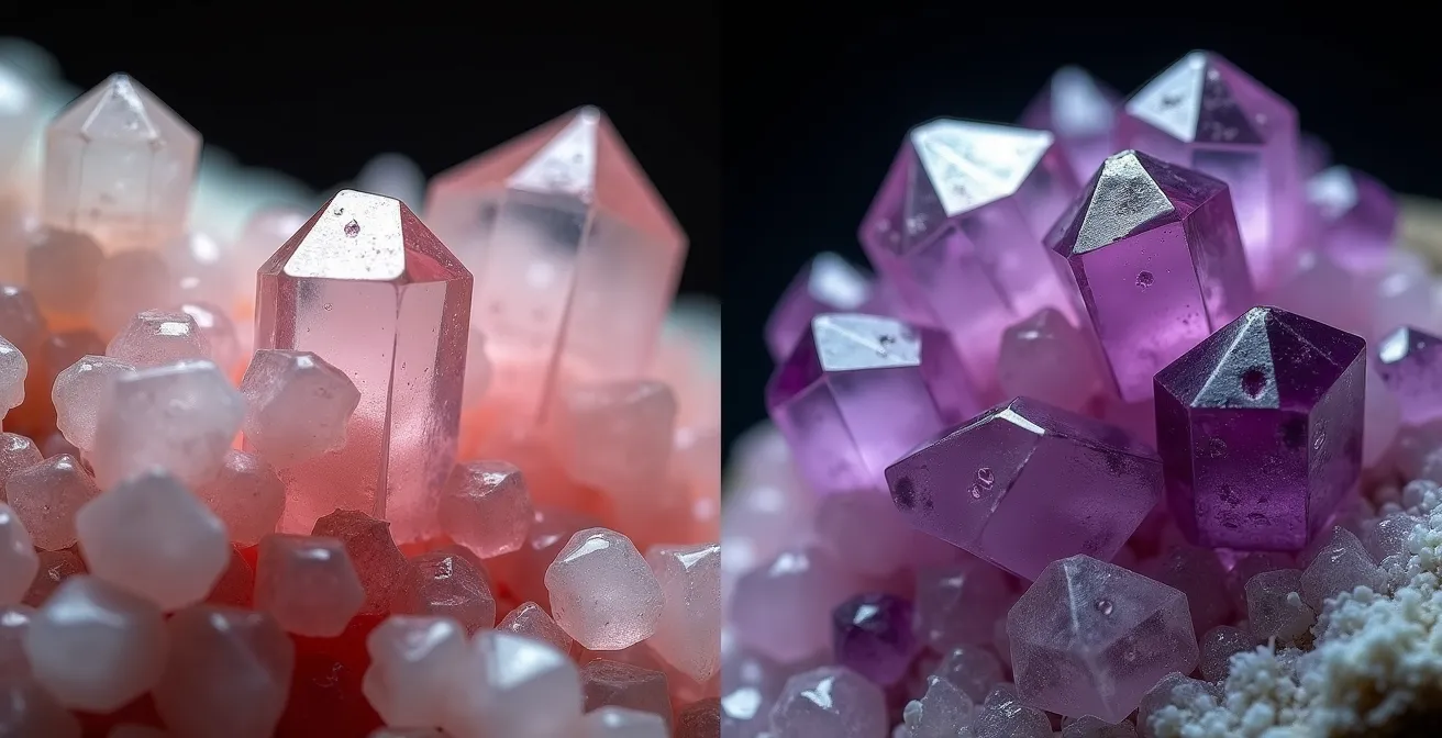 Detalle macro de cuarzo rosa y amatista mostrando sus texturas naturales
