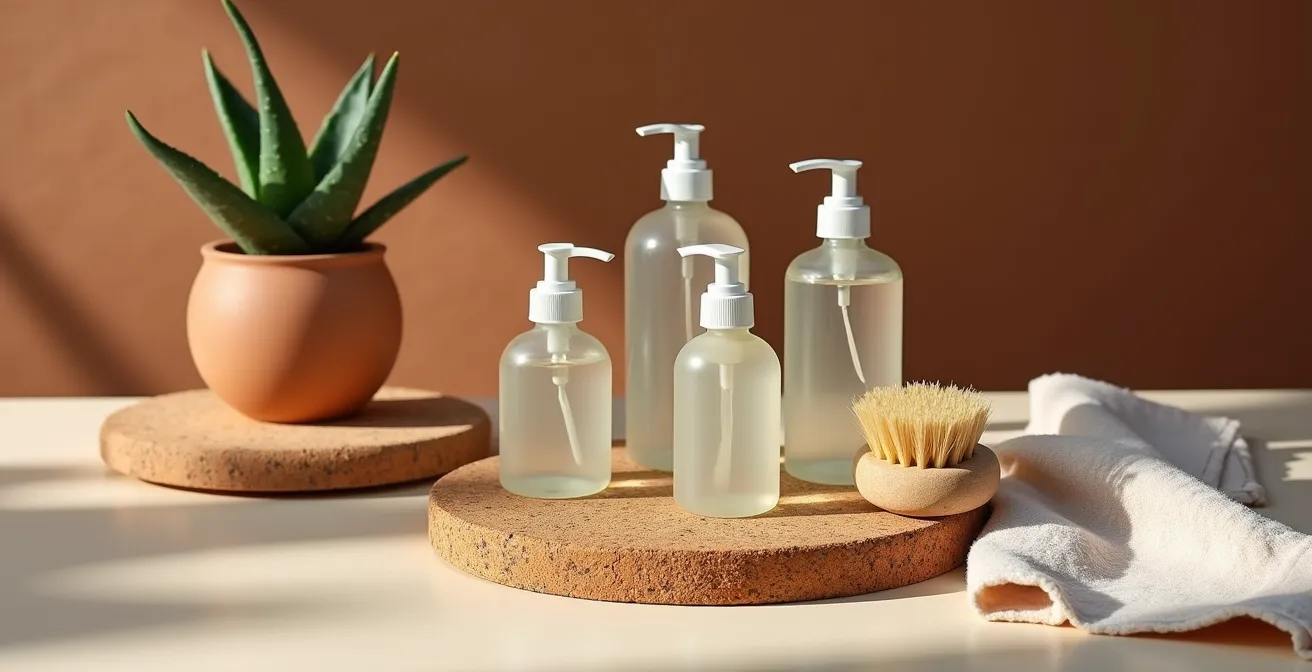 Productos naturales para el cuidado del cuero vegano dispuestos sobre superficie de corcho