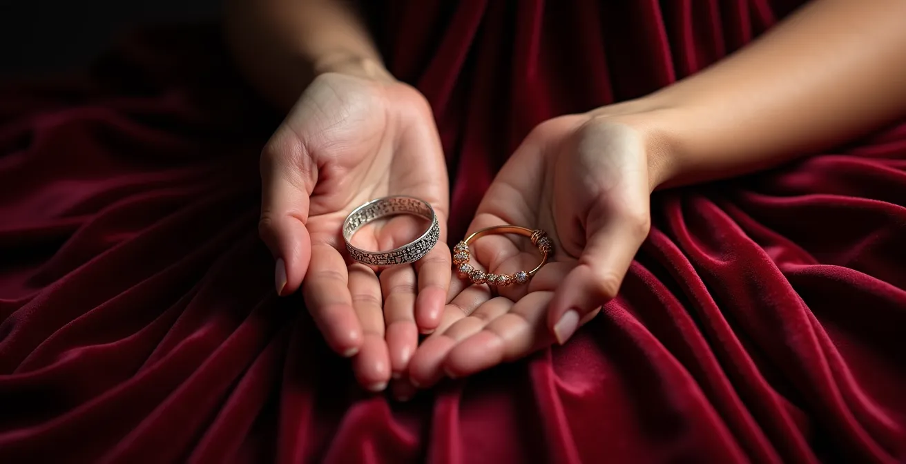 Manos femeninas mostrando dos pulseras distintas, una plateada y otra en oro rosa, sobre superficie de terciopelo