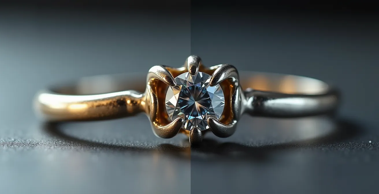 Detalle macro de un engaste de garras de metal noble comparado con uno pegado de baja calidad