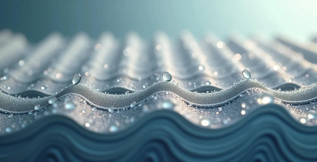 Vista macro extrema de la estructura capilar mostrando la queratina y la hidratación