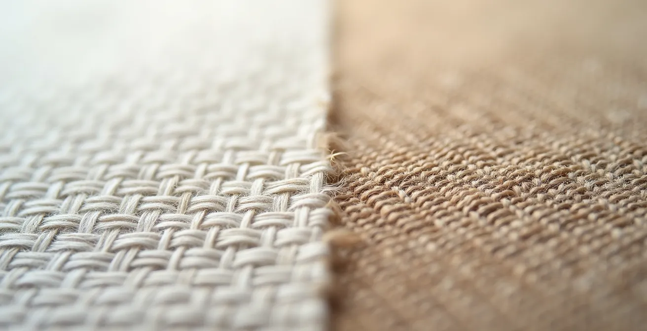 Macro fotografía de etiquetas textiles mostrando diferencias entre composiciones reciclables y no reciclables