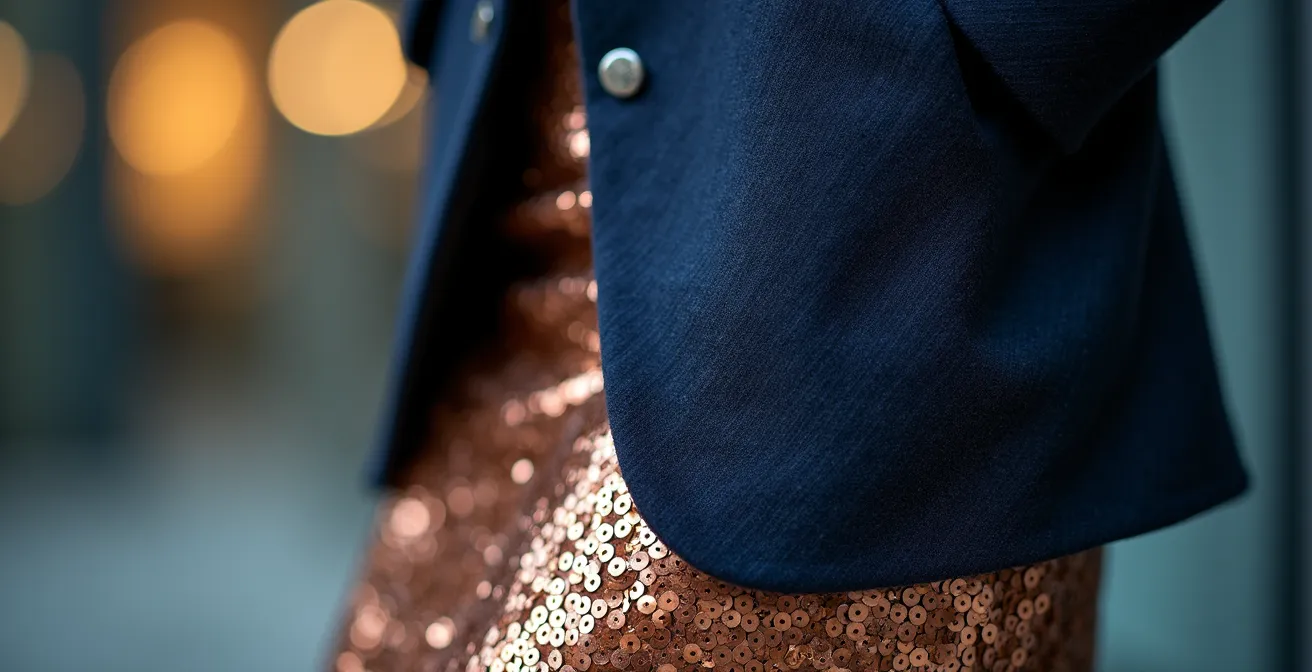 Detalle de falda midi de lentejuelas combinada con blazer estructurado y mocasines en ambiente de oficina