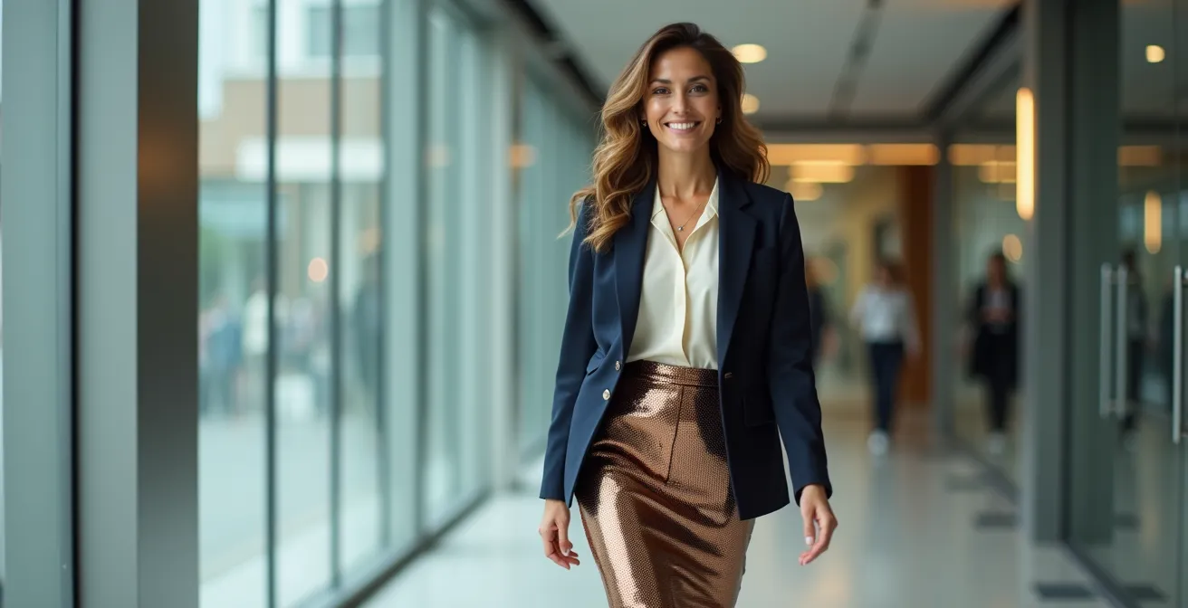 Profesional con falda de lentejuelas mate y blazer estructurado en oficina moderna