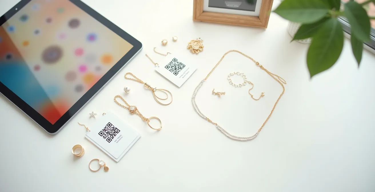 Mesa con joyas antiguas, tablet mostrando inventario digital y códigos QR discretos