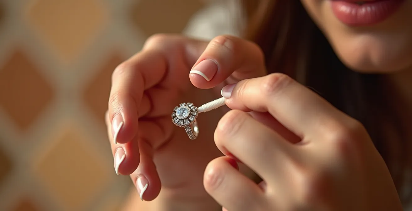 Proceso de limpieza detallada de joyas con cristales usando herramientas de precisión