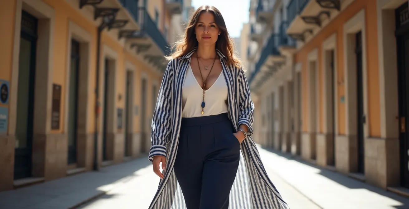 Demostración visual de cómo las líneas verticales en un outfit estilizan una figura con caderas anchas en una calle de Barcelona.