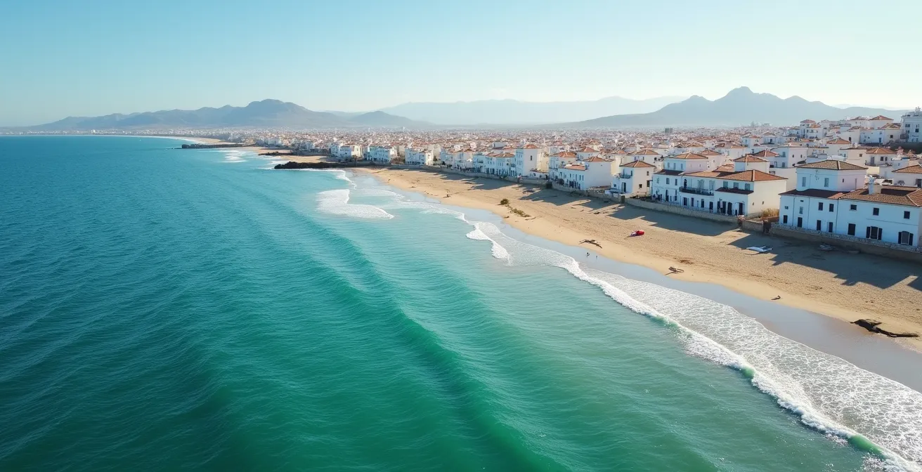 Vista aérea de costa mediterránea española mostrando contraste entre mar y ciudad costera