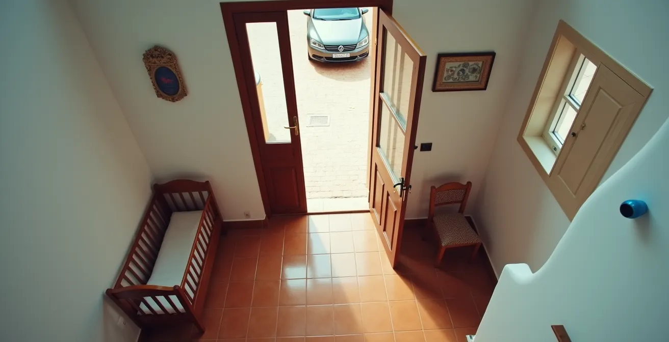 Vista aérea de un hogar español mostrando la ubicación estratégica de diferentes amuletos protectores