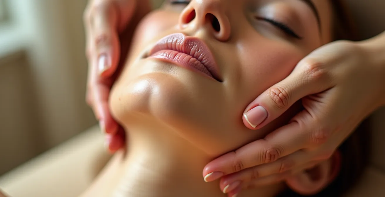Técnica de masaje facial con aceite de almendras para relajar la mandíbula