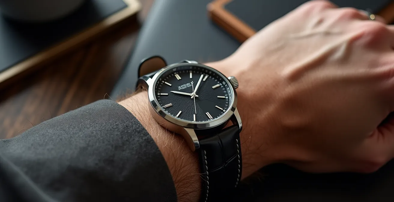 Mano masculina con reloj clásico mostrando proporción ideal en muñeca fina