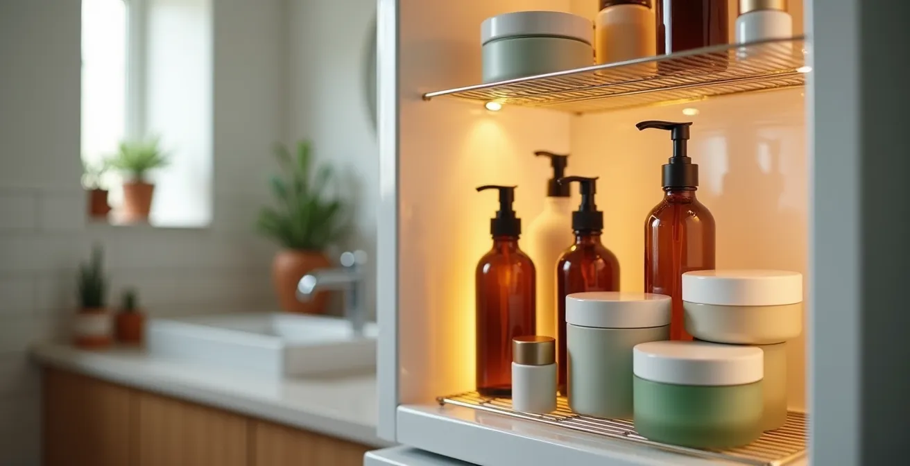 Mini nevera cosmética abierta mostrando productos de skincare organizados