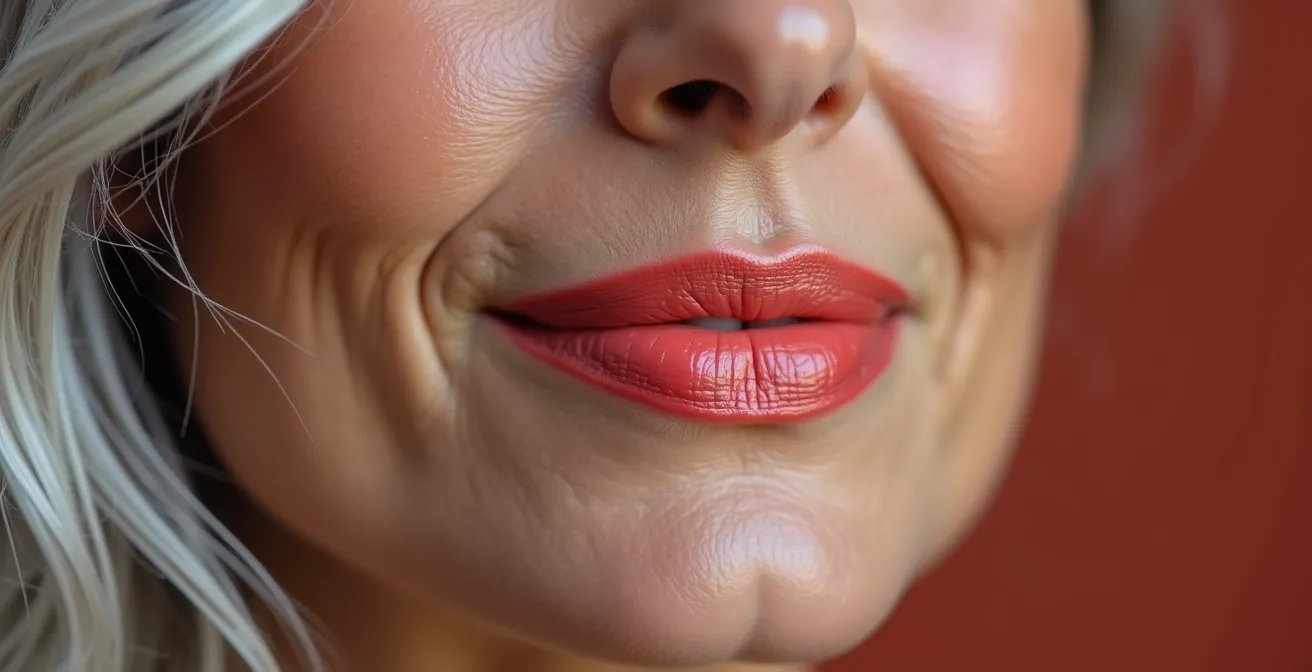 Mujer con pelo gris y maquillaje vibrante en estilo mediterráneo