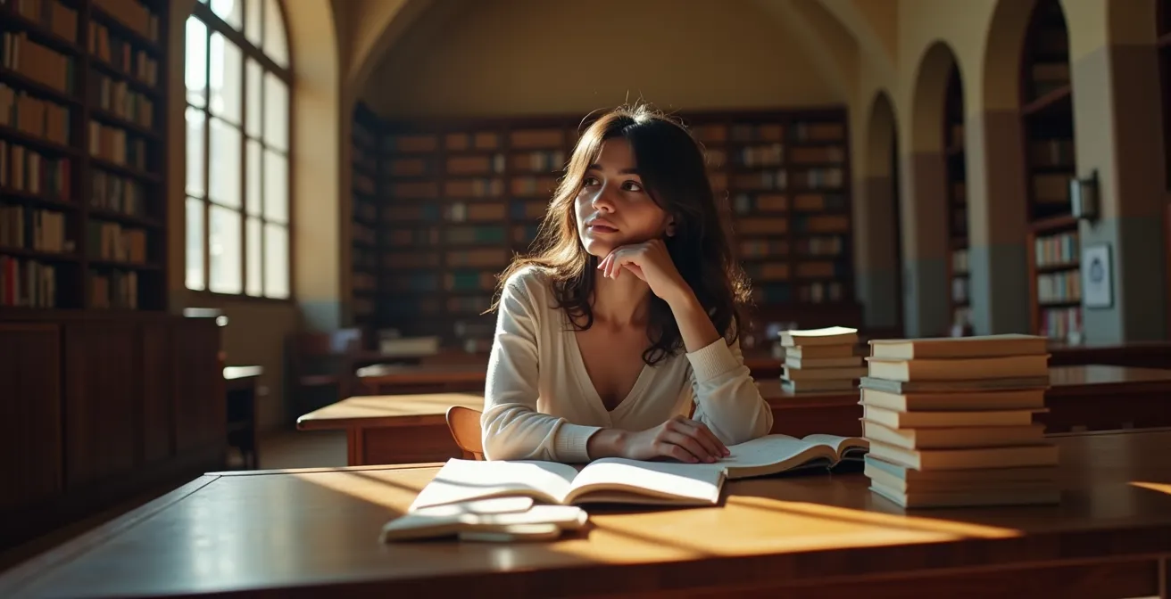 Estudiante española concentrada estudiando en biblioteca universitaria