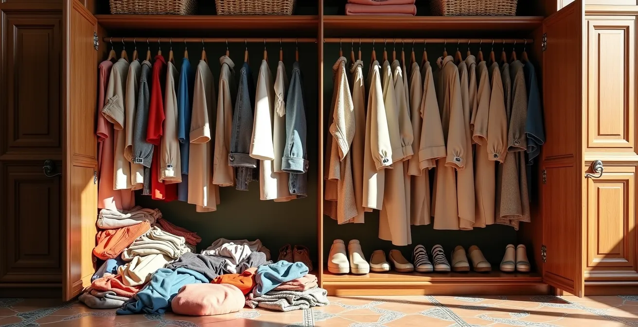 Armario organizado con método cápsula mostrando prendas neutras y bien ordenadas