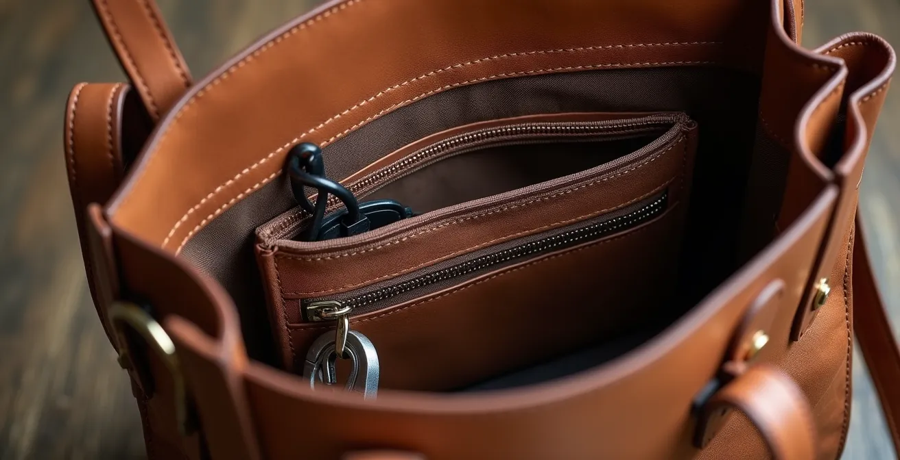 Vista cenital de bolso abierto mostrando organización interna con compartimentos y accesorios ordenados