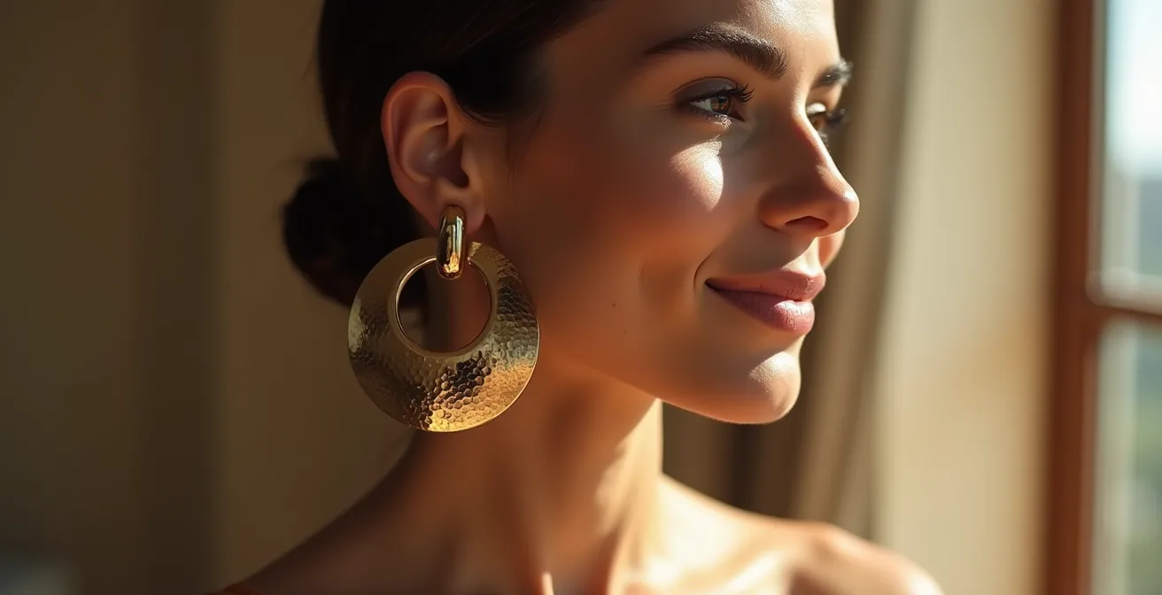 Combinación elegante de pendientes grandes con escote palabra de honor y peinado recogido al estilo español