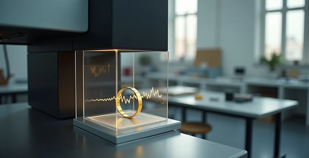 Máquina de grabado láser trabajando sobre un anillo de oro con onda sonora