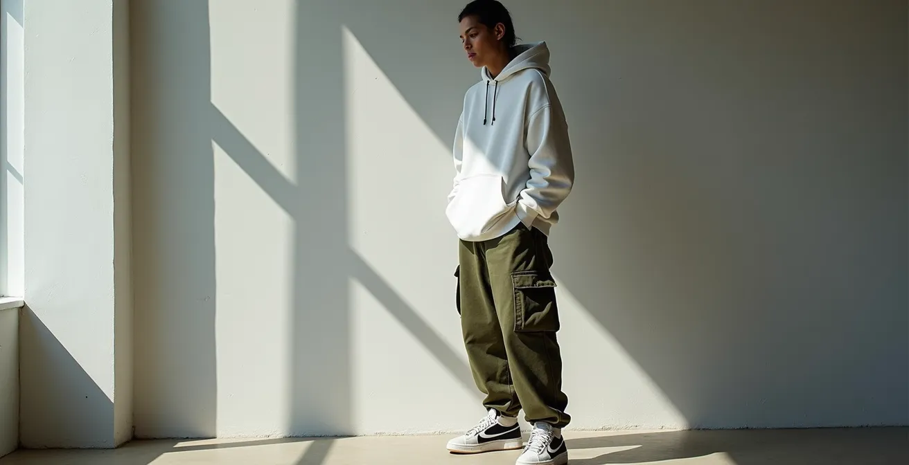 Demostración visual de proporciones correctas en ropa oversize para alargar la silueta