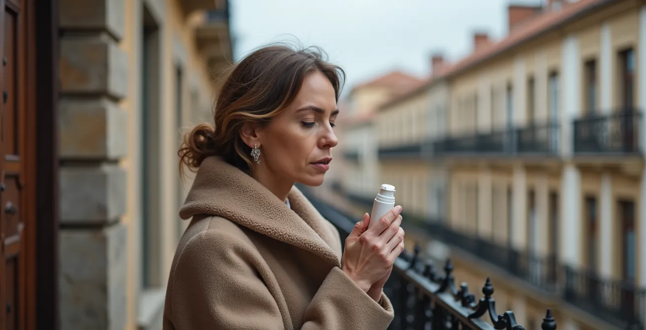 Mujer aplicando protector solar en día nublado de invierno en ciudad española