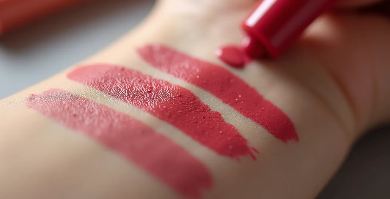 Mano de una mujer probando tres tonos de labial en la muñeca con aplicadores higiénicos desechables