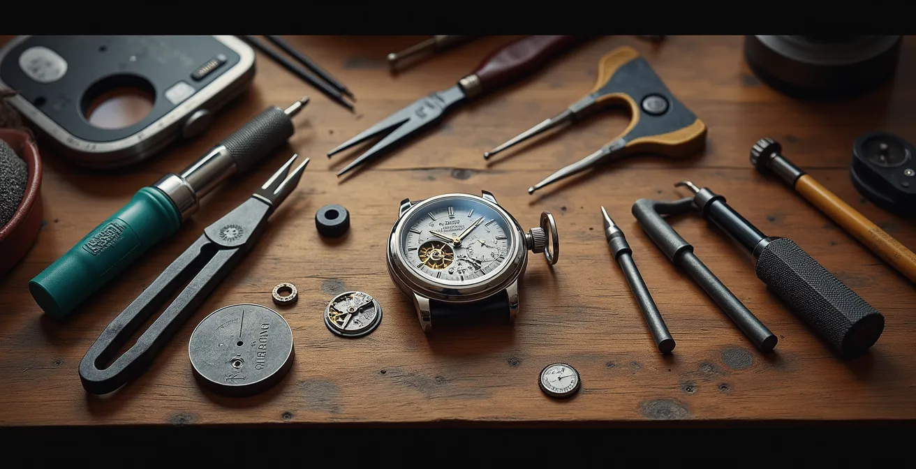 Mesa de relojero con herramientas especializadas y reloj desmontado parcialmente