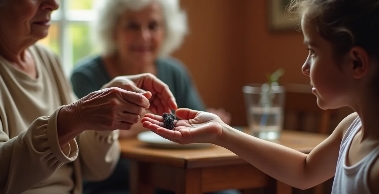 Momento íntimo de transmisión generacional de un amuleto protector entre abuela y nieta