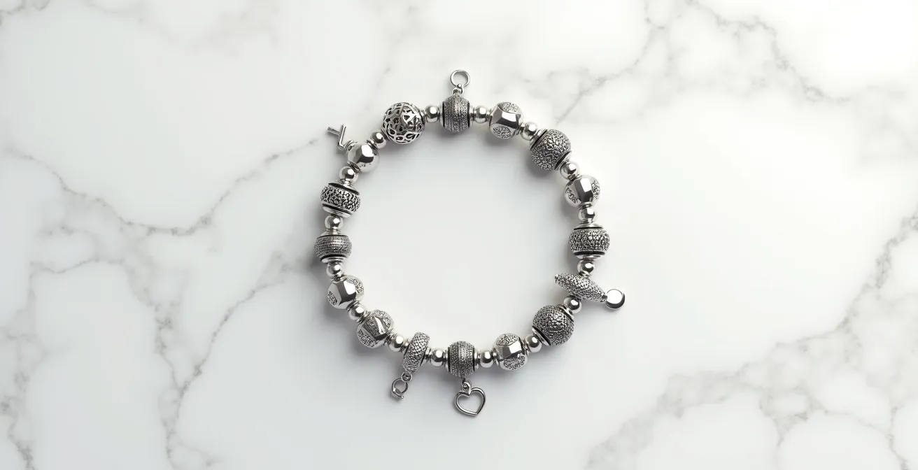 Vista cenital de pulsera con clips metálicos dividiendo charms en secciones armoniosas