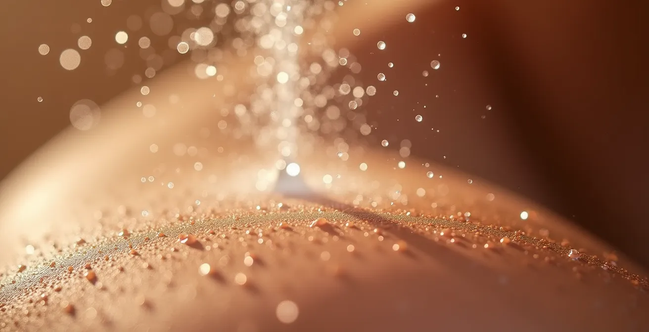 Detalle macro de gotas de spray fijador sobre piel bronceada