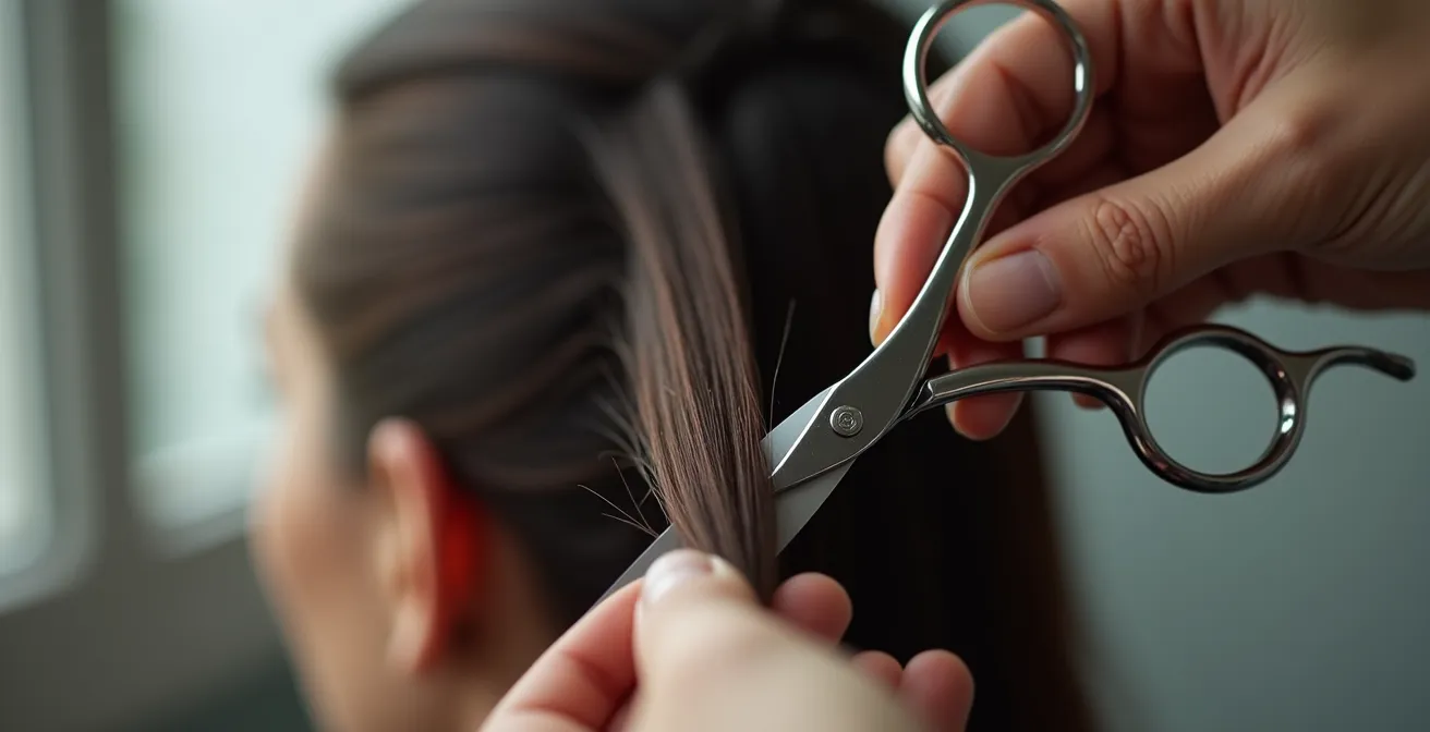 Manos sosteniendo mechón de flequillo con tijeras profesionales en ángulo vertical