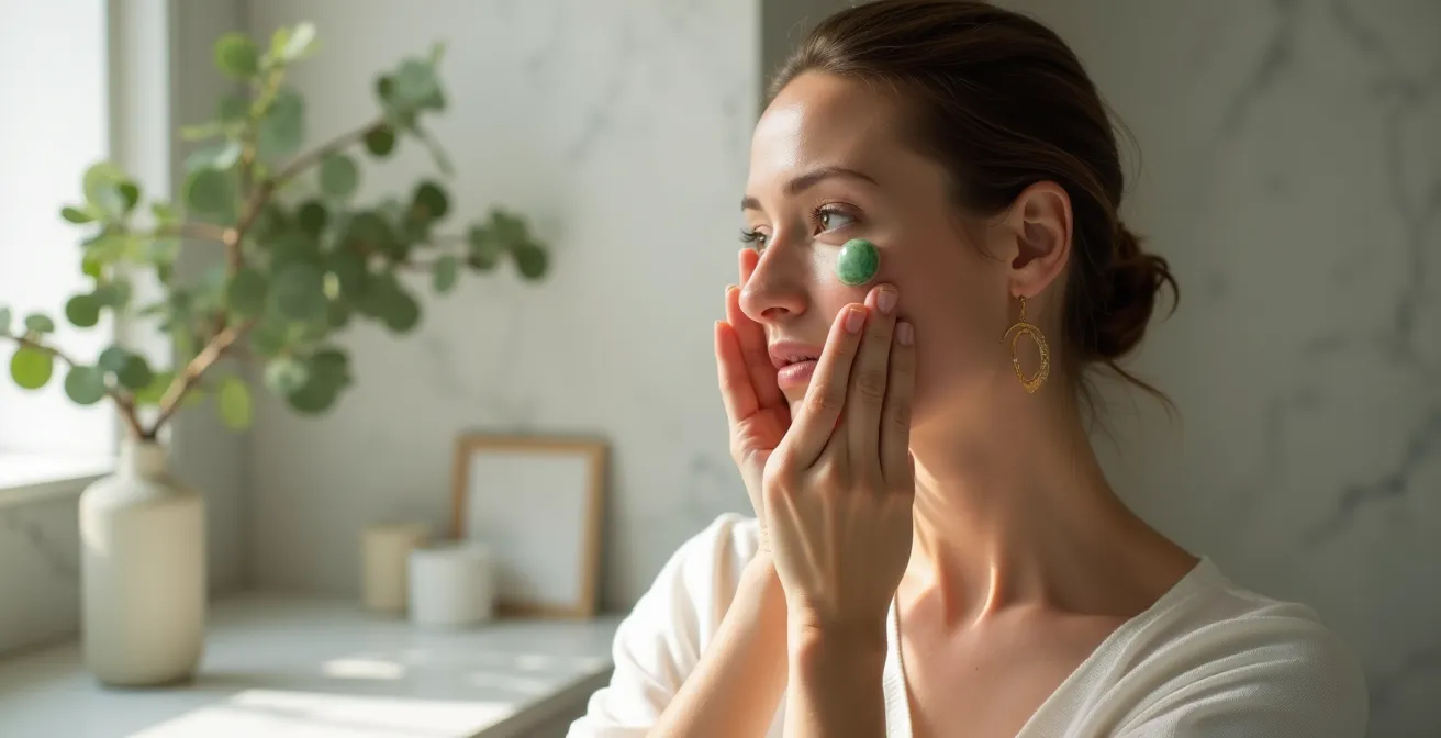 Manos de una mujer realizando un suave masaje de drenaje linfático con una herramienta de gua sha de jade en el contorno del ojo.