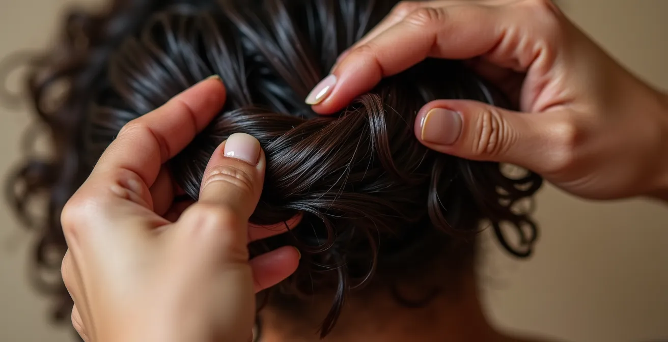 Manos aplicando técnica de pulsing en cabello rizado húmedo