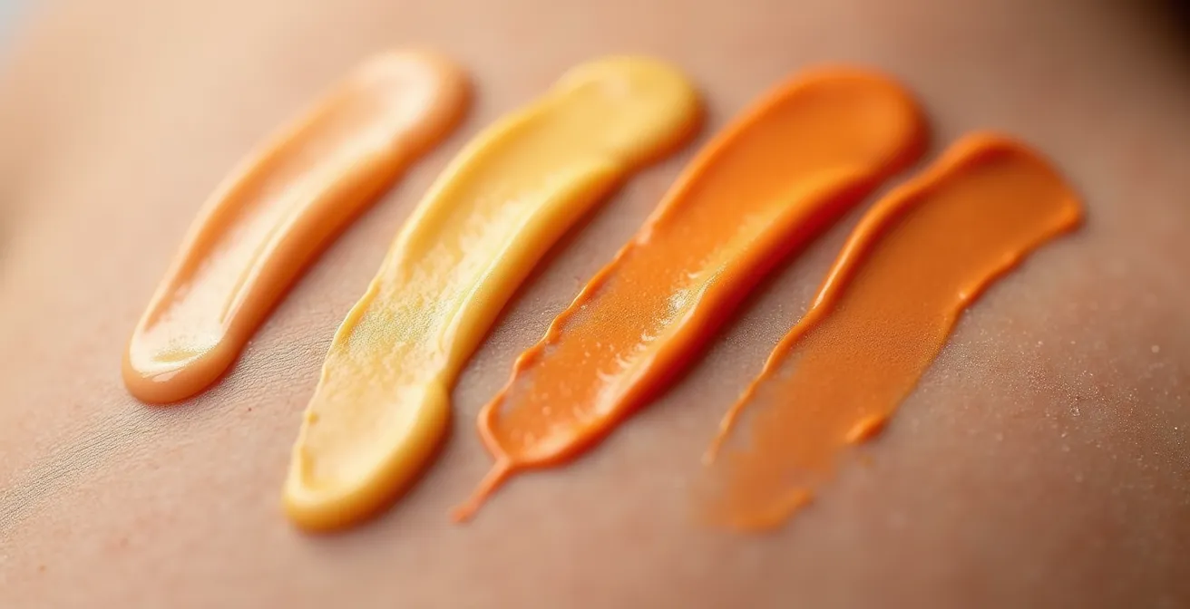 Paleta de correctores de colores salmón, amarillo y naranja sobre piel, mostrando la neutralización del color de la ojera.