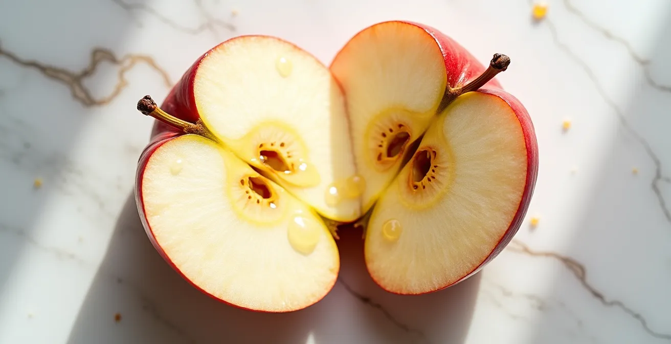 Comparación de rodajas de manzana mostrando efecto antioxidante del sérum de vitamina C