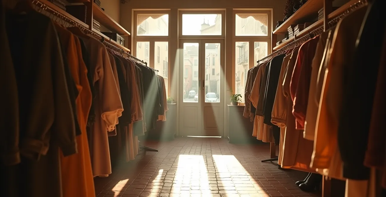 Interior de tienda vintage española con perchas de ropa organizada por épocas